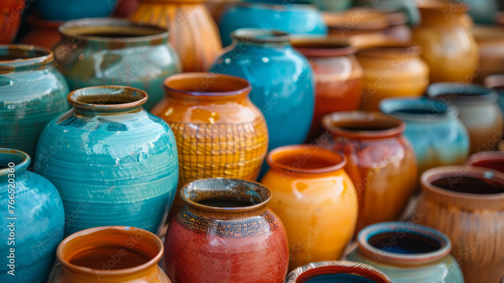 Colorful ceramic pottery on display