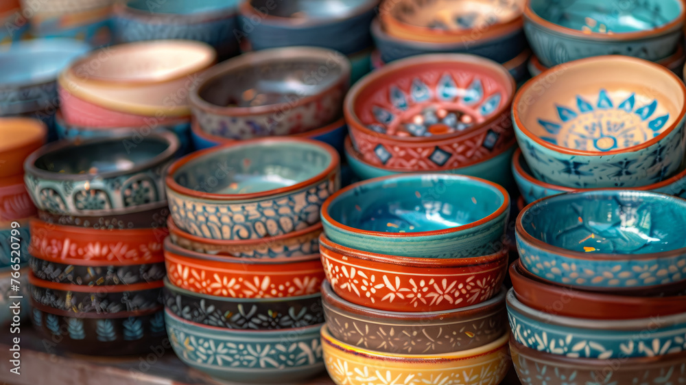 Colorful ceramic bowls in a market