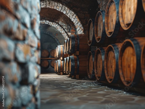 A long  narrow room with many barrels of wine. The barrels are stacked in rows and are made of wood. The room is dimly lit  giving it a mysterious and almost eerie atmosphere