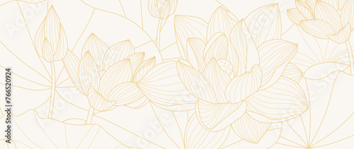 Luxury golden lotus flower line art background vector. Natural botanical elegant flower with gold line art. Design illustration for decoration, wall decor, wallpaper, cover, banner, poster, card.