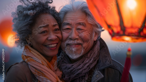 Senior couple smiling outdoors at sunset