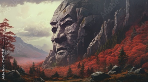 A mountain with a large face carved into it. The face is surrounded by trees and rocks, and the mountains in the background are covered in red leaves. The scene has a mysterious and eerie mood