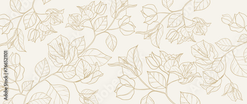 Luxury golden leaf line art background vector. Natural botanical elegant flower with gold line art. Design illustration for decoration, wall decor, wallpaper, cover, banner, poster, card. © TWINS DESIGN STUDIO