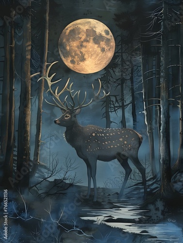 Majestic Deer Silhouette in Enchanted Forest under Glowing Full Moon