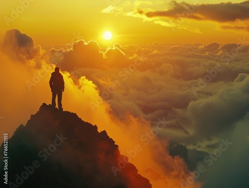 A man stands on a mountain top, looking out at the sunset. The sky is filled with clouds, and the sun is setting in the distance. The scene is peaceful and serene, with the man alone on the mountain