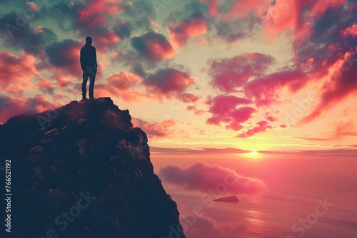 Man Silhouetted on Cliff Overlooking Dramatic Sunset Seascape