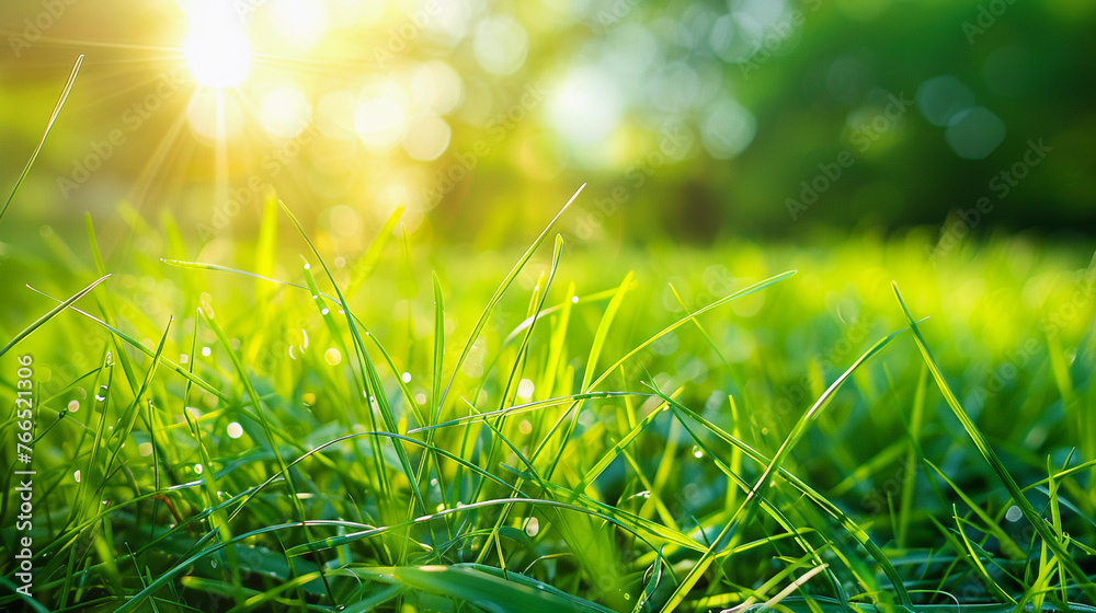 Obraz premium Close up portrait of grass field on summer with beautiful rays of sunshine, 