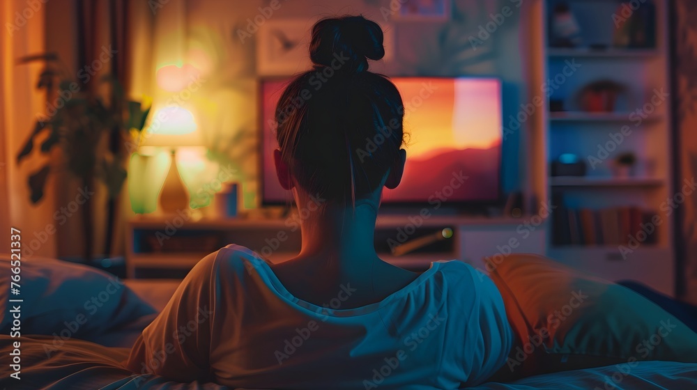 Pensive Woman Enjoying Solitary Evening in Cozy Bedroom Watching Television