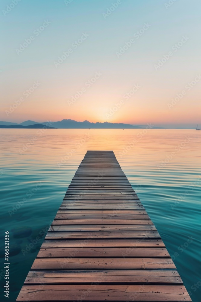A wooden pier is in front of a body of water. The water is calm and the sky is a beautiful shade of blue