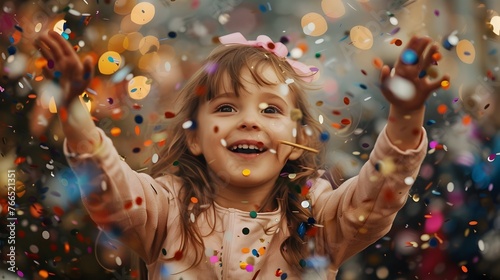Radiant Girl Embracing the Joy of a Celebratory Moment,Surrounded by Colorful Confetti and Festive Cheer