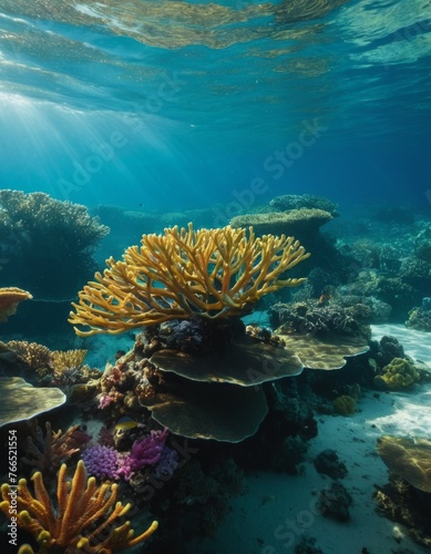 Underwater paradise captured with sunlight filtering through the water over a vibrant coral reef, teeming with marine life and a symphony of colors.