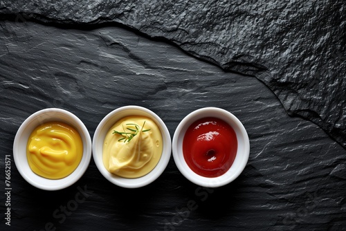 Behold a trio of sauces - mayonnaise, mustard, and ketchup - impeccably arranged in pristine white ceramic bowls atop a sleek black stone or concrete background.