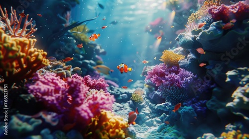A colorful coral reef with a fish swimming in the middle. The fish is orange and white