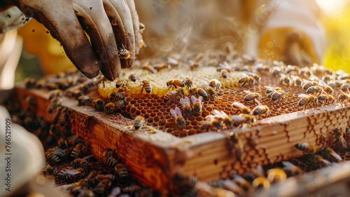 Beekeeper inspecting a honeycomb.