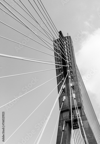 Fototapeta Naklejka Na Ścianę i Meble -  Steel cables of Swietokrzyski bridge over the Vistula river in Warsaw