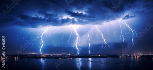 Multiple lightning strikes illuminating the dark clouds above a cityscape and body of water, nature's powerful