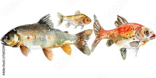Three fish are swimming in a row, with one being a brown fish and the other two being orange