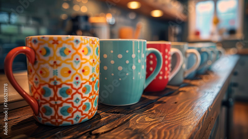 Colorful mugs on a wooden counter