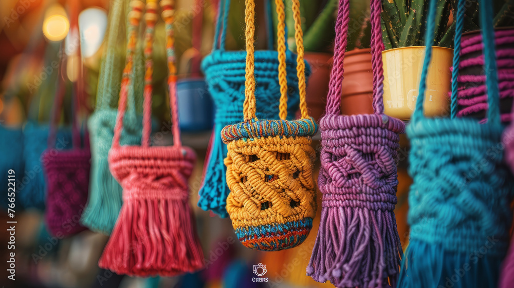 Macrame plant hangers hanging in a row.