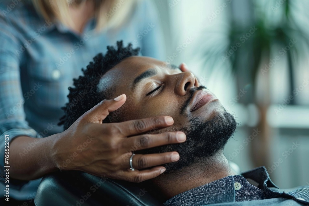 Bearded man with a relaxed expression receiving a soothing facial massage treatment at an upscale spa, eyes closed in peaceful serenity. Bearded man with a relaxed expression receiving a soothing facial massage treatment at an upscale spa, eyes closed in peaceful serenity.