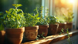 Potted herbs on sunny windowsill