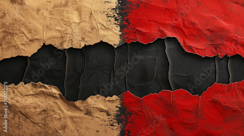 A bold red tear reveals a dark surface in an artistic composition.