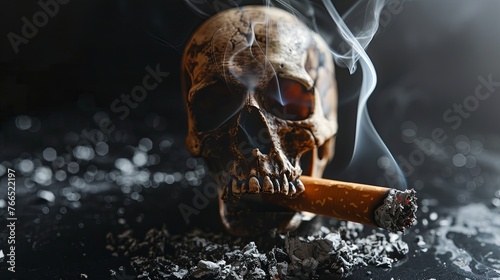 Man refusing cigarettes concept for quitting smoking and healthy lifestyle dark background. or No smoking campaign Concept. skull symbol risk of smoking isolated on black background. photo