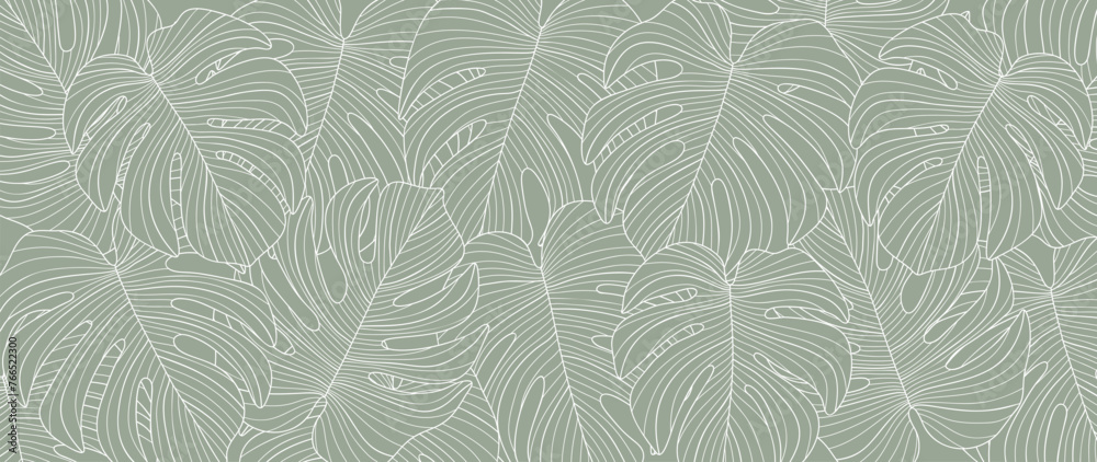 Fototapeta premium Abstract foliage line art vector background. Leaf wallpaper of tropical leaves, leaf branch, monstera, plant in hand drawn pattern. Botanical jungle illustrated for banner, prints, decoration, fabric.