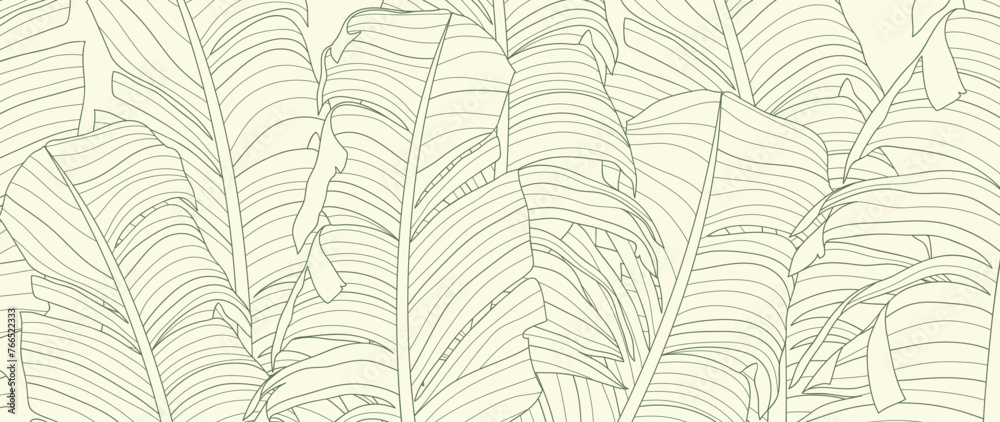 Abstract foliage line art vector background. Leaf wallpaper of tropical leaves, branch, banana leaf, plant in hand drawn pattern. Botanical jungle illustrated for banner, prints, decoration, fabric. - obrazy, fototapety, plakaty 