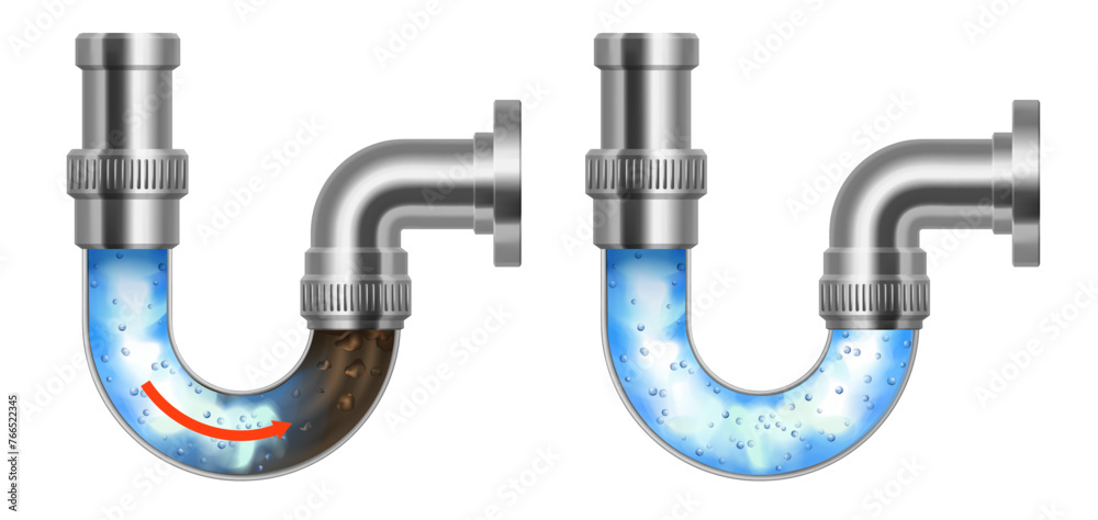 Realistic drain pipe clogged with mud, isolated 3d set. Sink pipe with liquid cleaning detergent effect.Advertising template for drain cleaner with powerful chemical agent cleaning dirty water pipe.