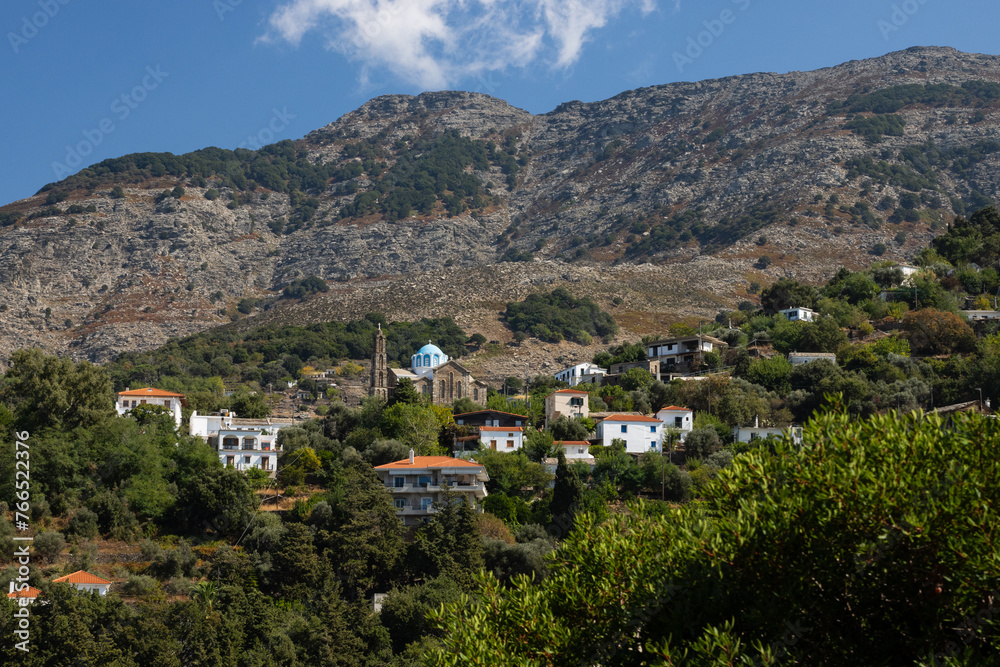 Picturesque mountain village Arethousa with Saint Marina church, Ikaria island , Greece