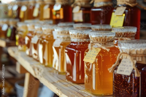 Assortment of beautifully crafted glass jars showcasing a wide selection of organic honey varieties at a bustling and colorful market scene