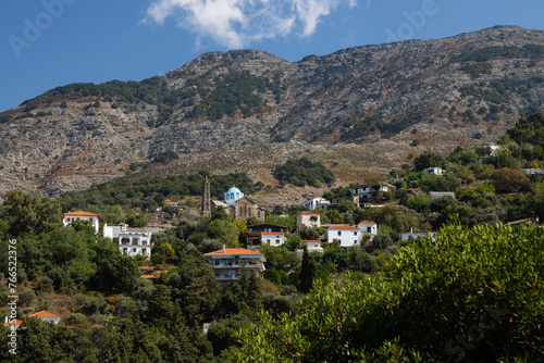 Picturesque mountain village Arethousa with Saint Marina church, Ikaria island , Greece