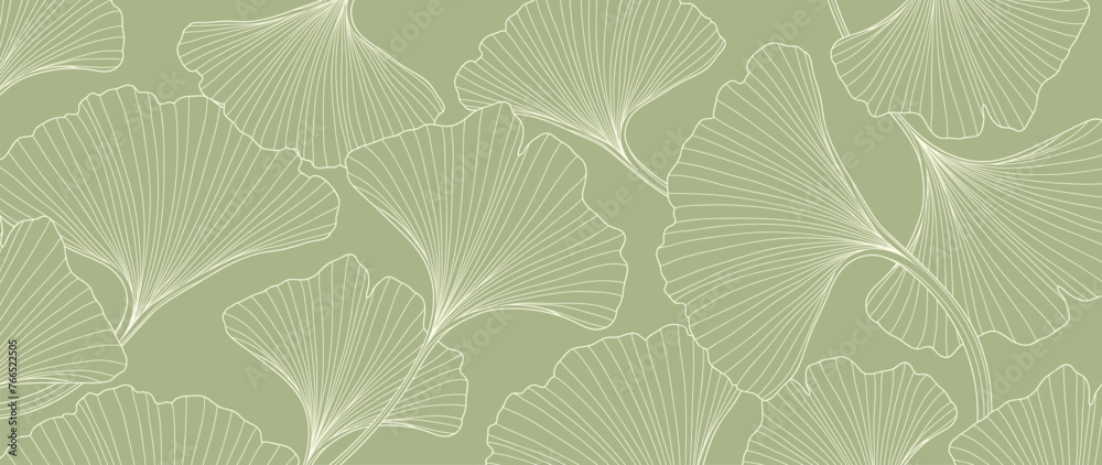 Abstract foliage line art vector background. Leaf wallpaper of tropical leaves, leaf branch, ginkgo, plant in hand drawn pattern. Botanical jungle illustrated for banner, prints, decoration, fabric. - obrazy, fototapety, plakaty 