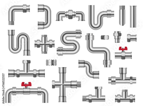  Realistic Metal pipeline. industrial conduit with connections and valves. Vector 3D Pipe construction kit. Vector engineering plumbing system