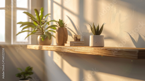 Indoor shelf with potted plants in sunlight. © SashaMagic