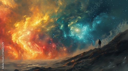 An imaginative depiction of a solitary figure observing a fiery and icy cosmic event over a rugged landscape.