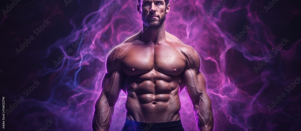 A strong man with a toned physique is portrayed without a shirt against a vivid purple backdrop