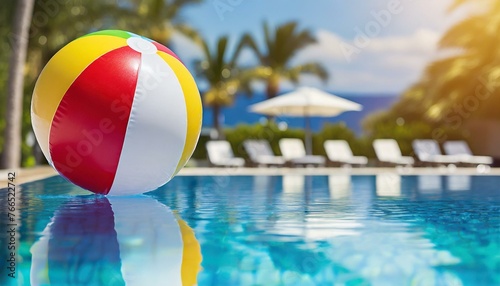 Summer holidays background with colorful beach ball floating on luxury swimming pool and copy space