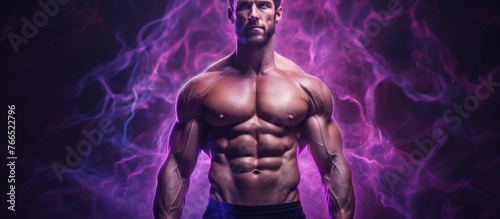 A strong man with a toned physique is portrayed without a shirt against a vivid purple backdrop