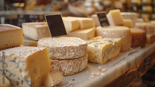 Assorted cheeses on display at a market