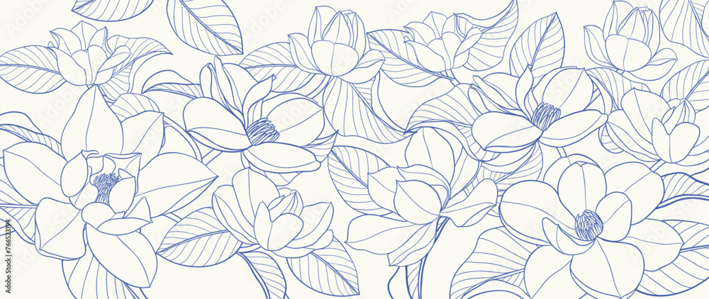 Abstract floral line art vector background. Leaf wallpaper of tropical leaves, leaf branch, plants in hand drawn pattern. Botanical jungle illustrated for banner, prints, decoration, fabric. - obrazy, fototapety, plakaty 