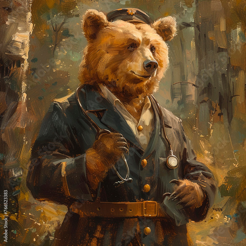 Closeup of a bear nurse dressed in a uniform holding a stethoscope ready to care for woodland creatures