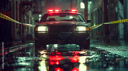 Photo of a police car at a crime scene at night.