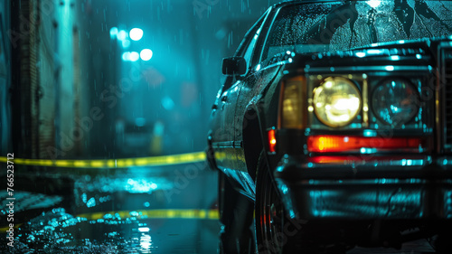 Rainy urban night with car and caution tape.