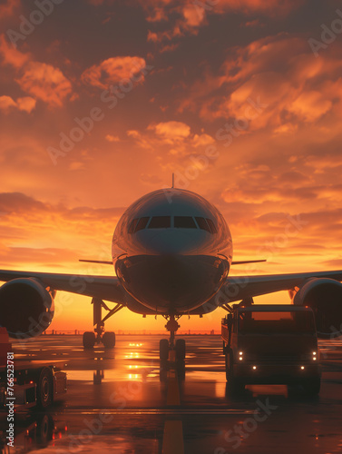 a truck and a plane on a tarmac at sunset, highlighting logistics and travel.