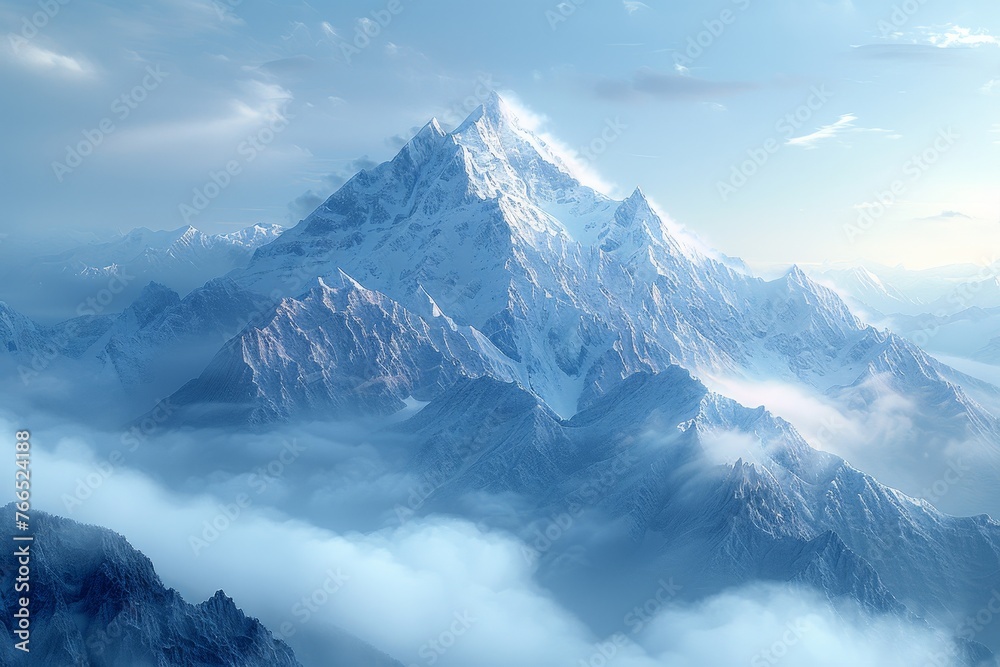 Winter mountain landscape, snow covered blue mountains, snowcapped peaks and summits