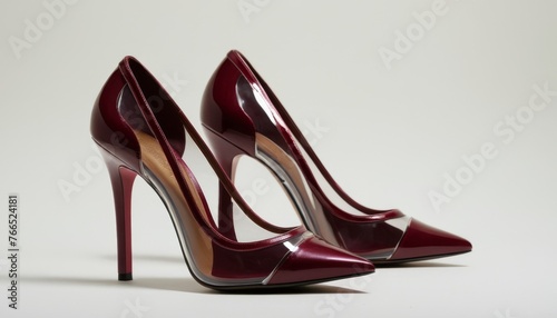 A pair of glossy maroon high heels isolated on a clean background, exuding elegance and style, perfect for fashion-themed content.