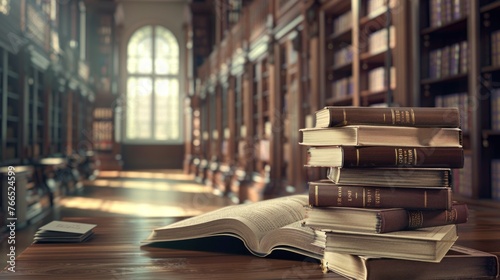 Books on open table in library academic education learning concept photo