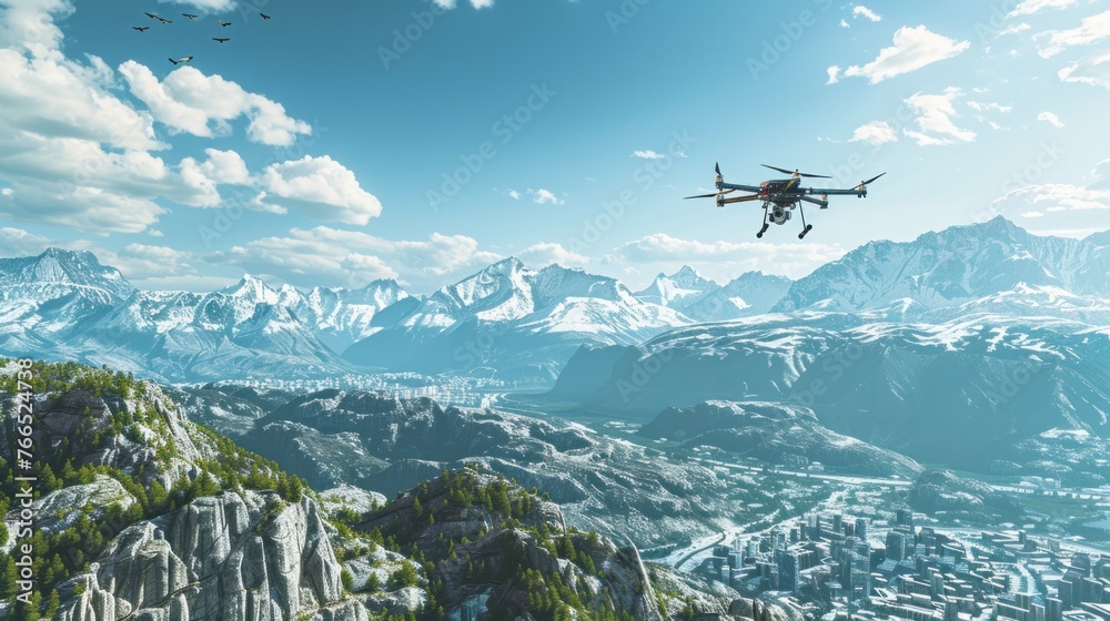 Naklejka premium Drones with digital cameras hover over mountains and cities